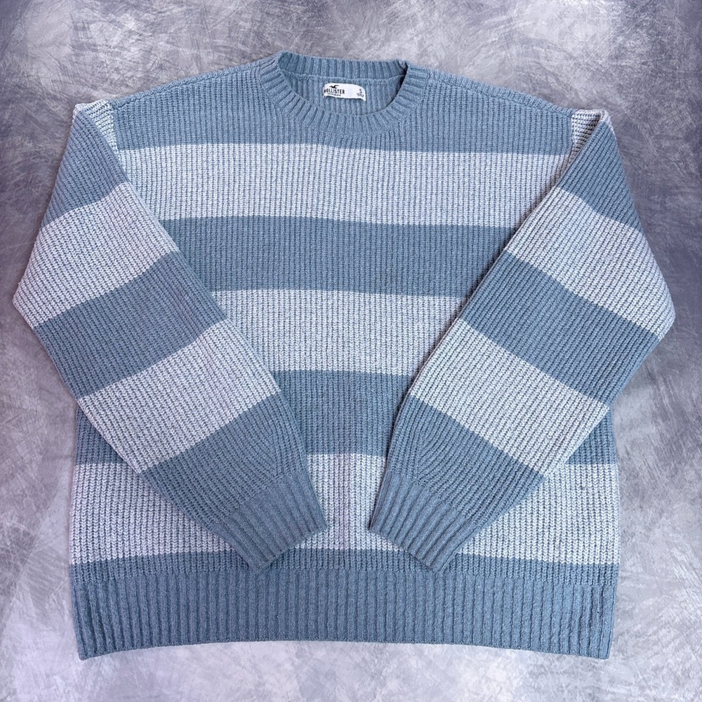 Hollister Sweater Unisex S Blue Gray Wide Stripe Rib Knit Crewneck Long Sleeve